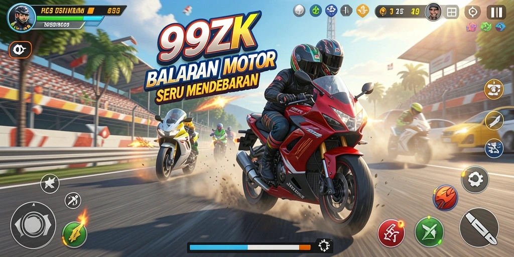 Menampilkan balapan motor di trek yang menantang.