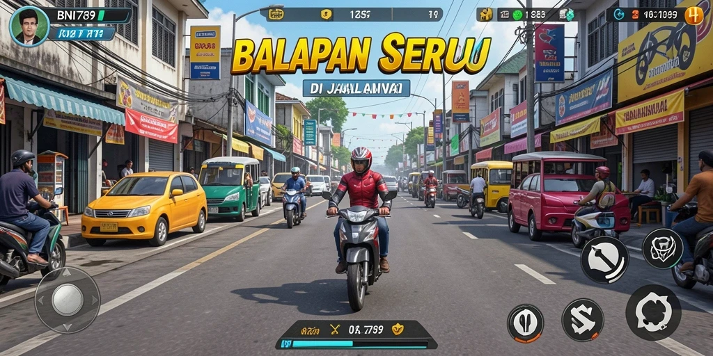 Screenshot gameplay BNI789 menampilkan aksi balapan yang mendebarkan.
