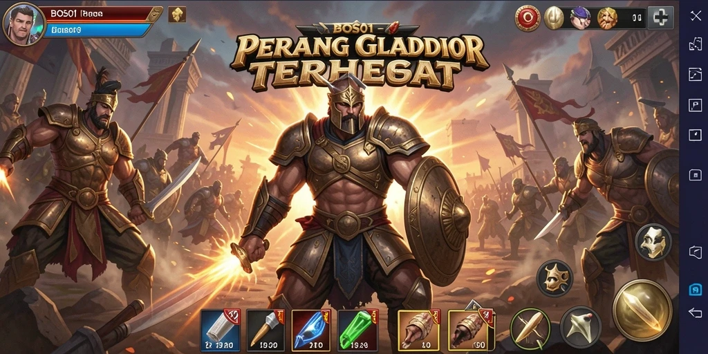 Screenshot gameplay BOS01 menampilkan duel gladiator yang mendebarkan.