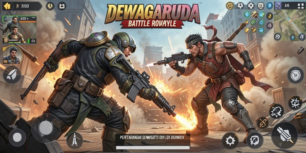 Gameplay Battle Royale DEWAGARUDA yang mendebarkan dan penuh aksi.