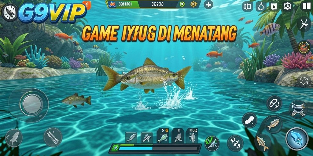 Screenshot gameplay G9VIP menunjukkan pemain menangkap ikan di lautan.