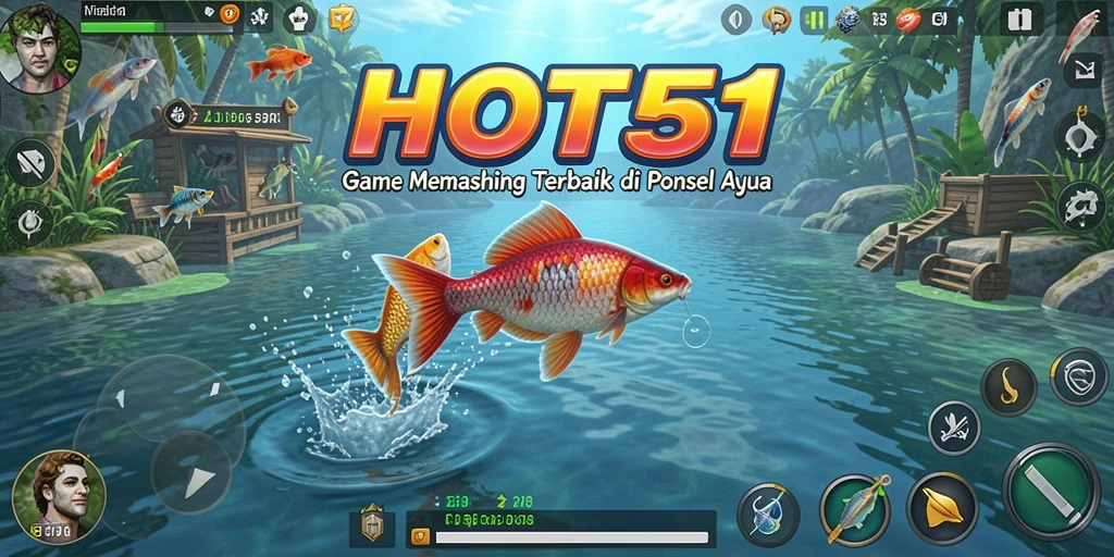 Screenshot gameplay HOT51 yang menunjukkan aksi memancing yang seru.