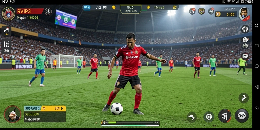 Screenshot gameplay RVIP3 yang menunjukkan momen seru di lapangan sepak bola.